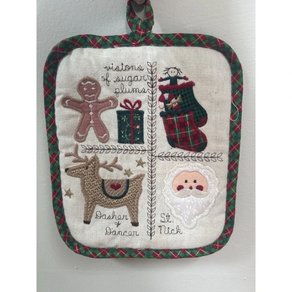 Vintage Christmas Pot Holder Set appliqué Folk art country apples st nick plaid